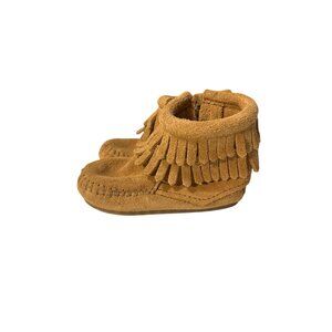 Minnetonka Baby Fringe Booties Size 4 Tan Suede Moccasins With Rubber Soles